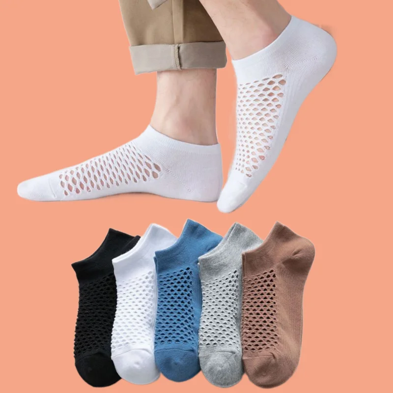 5/10 Pairs Men's Summer Breathable Thin Socks Mesh Sweat-absorbing Cotton Socks Solid Color Low-top Deodorant Shallow Boat Socks