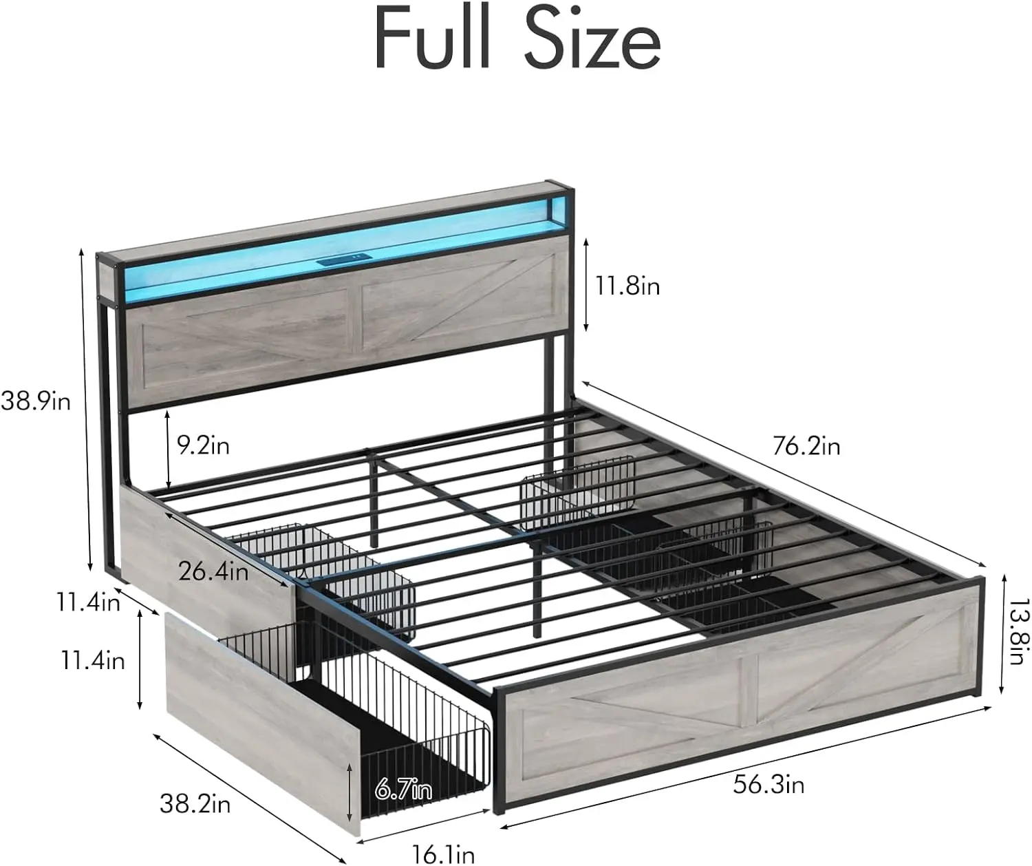 LED Full Size Bed Frame with Charging Station & 4 Drawers, Platform Metal Bed Frame with Headboard USB Ports Outlets