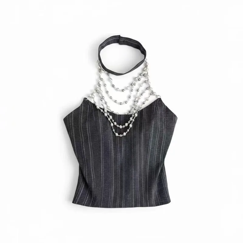 Temperament Commuter Beaded Design Sense Beautiful Striped Pearl Neck Top Simple High Appearance High Quality Women's Clothing