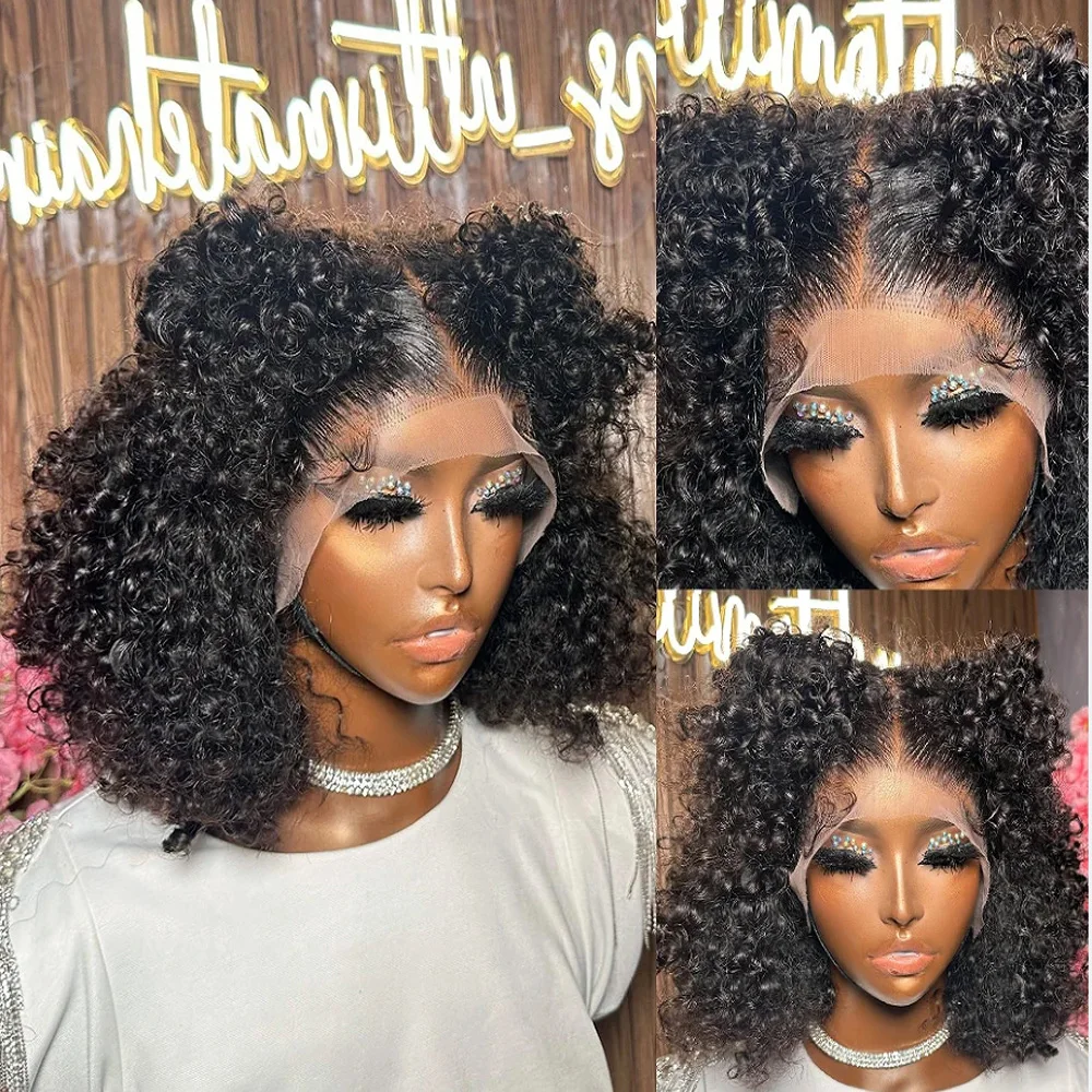 

Short Bob Lace Front Wig Middle Part 16inch 180density Wig Lace Frontal Wig Natural Hairline Kinky Curly Preplucked Baby Hair