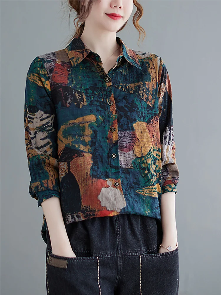 

Spring New Loose Large Size Women's irt Floral Painting Casual Long Sve Turn-down Collar Cotton Commute Sle Top