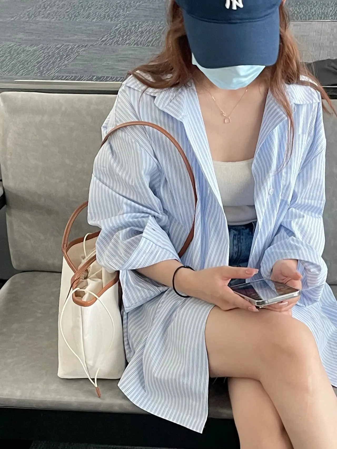 Blue Striped Long Sleeve Women's Sun Protection Shirt Summer Loose Fit Thin Versatile Stylish Collar Regular Length