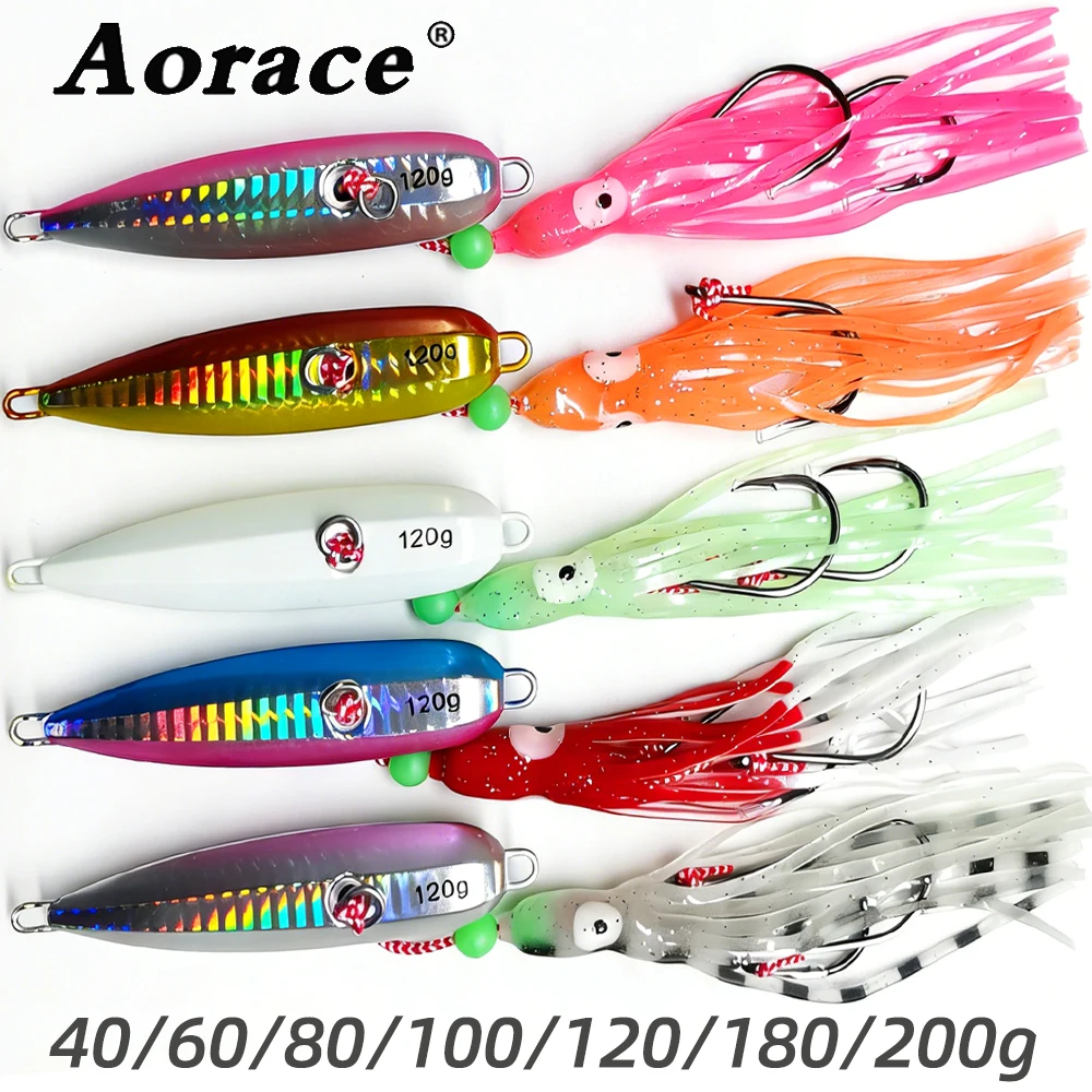 Aorace - Juego de 5 Señuelos de Pesca, 40g-200g, Señuelos Metálicos Luminosos de Hundimiento Lento, Anzuelos para Pesca de Calamar, Pesca en Agua Salada, para Marlin, Snapper, Grouper