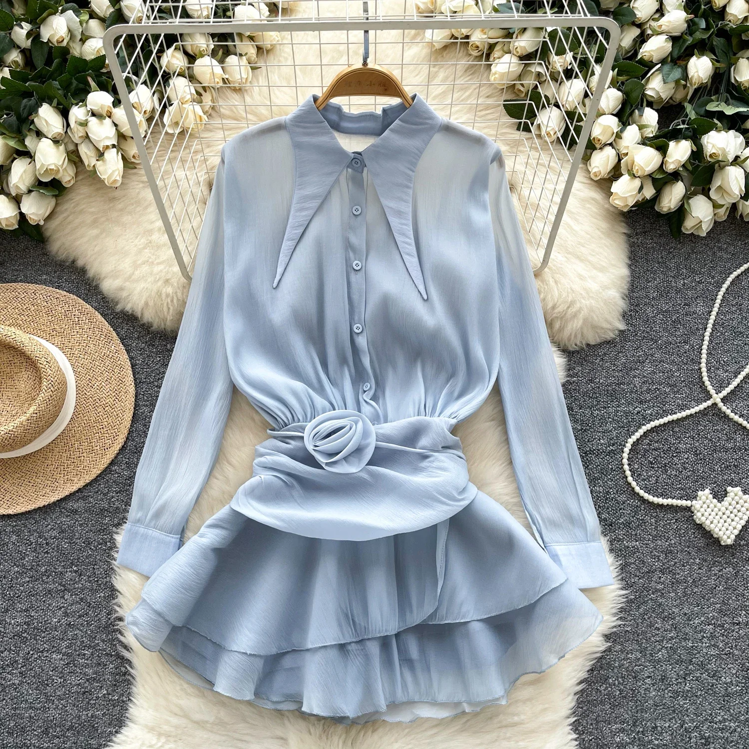 Vintage Fashion Turn-down Collar Pleated Casual Long Sleeve Spliced Sexy Top Slim Ruffle Chic Women Harajuku Streetwear Blouse