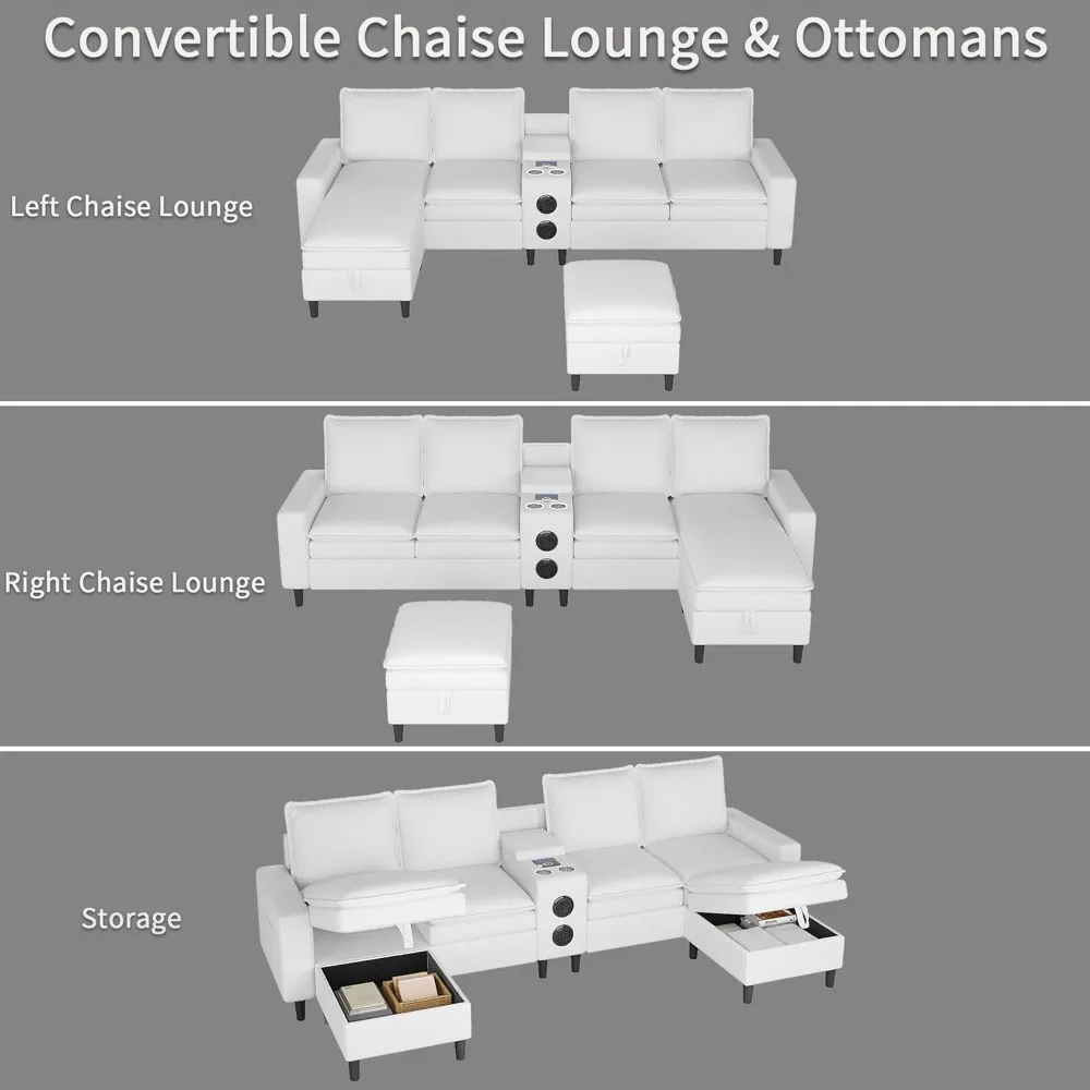 أرائك مقطعية لغرفة المعيشة، أريكة مقطعية مكونة من 4 مقاعد مع وحدة ذكية - مكبر صوت بلوتوث / ضوء RGB / محطة شحن #5