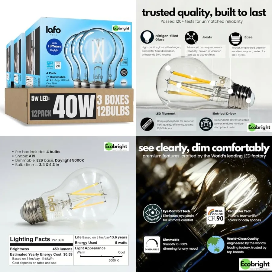 EcoBright PK Dimmable A19 LED Filament Bulb 40W Equivalent 5W E26 Base 450 Lumens CRI90 Flicker Free Clear Glass Energy Star fo