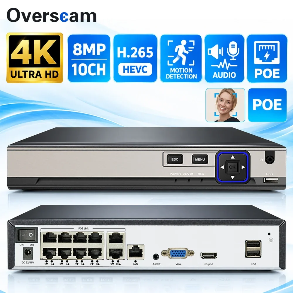 10Channel PoE Network Video Recorder 4K Ultra HD 8MP NVR H.265 Video Compression Motion Alarm Audio Output Wired CCTV Monitoring