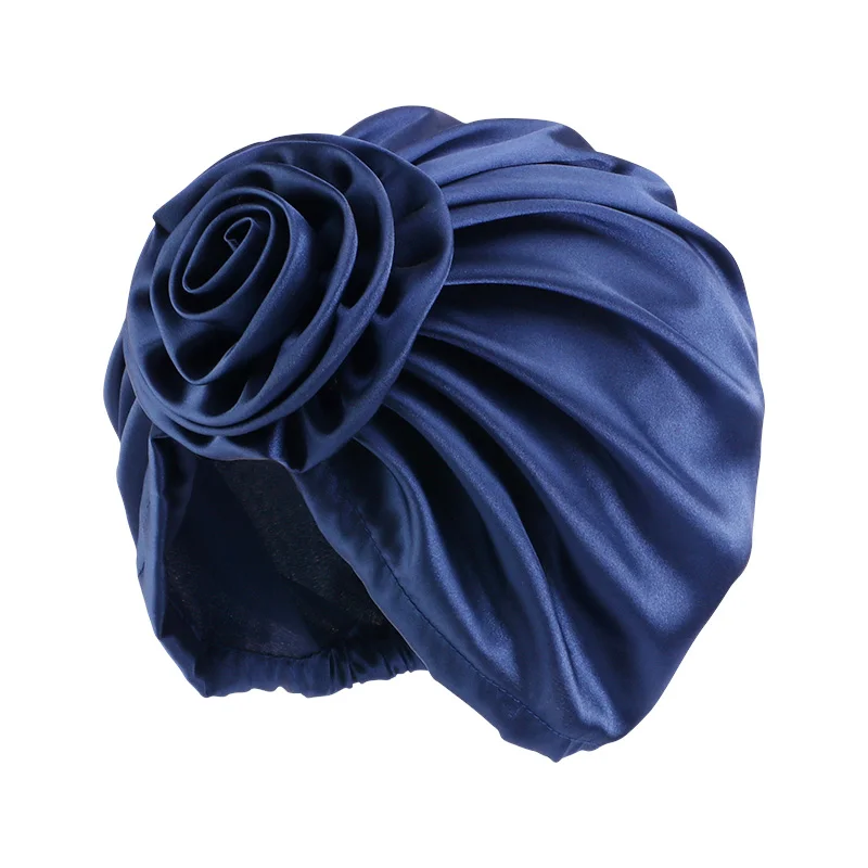 Silky flower Turban Hat Fashion Female satin Bandana Headband Women\'s Hair Cover Cap Ladies Head Wraps Muslim Headscarf Bonnet