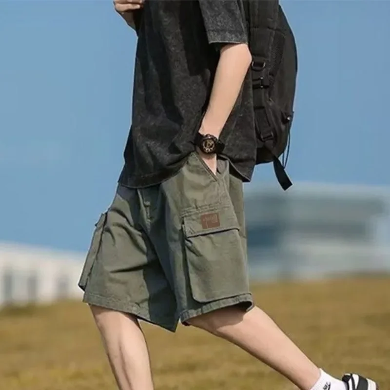 

Мешковатые мужские шорты-бермуды-карго с полусвободной эластичной резинкой на талии и завязками, однотонные длинные широкие короткие брюки для мужчин, большие размеры