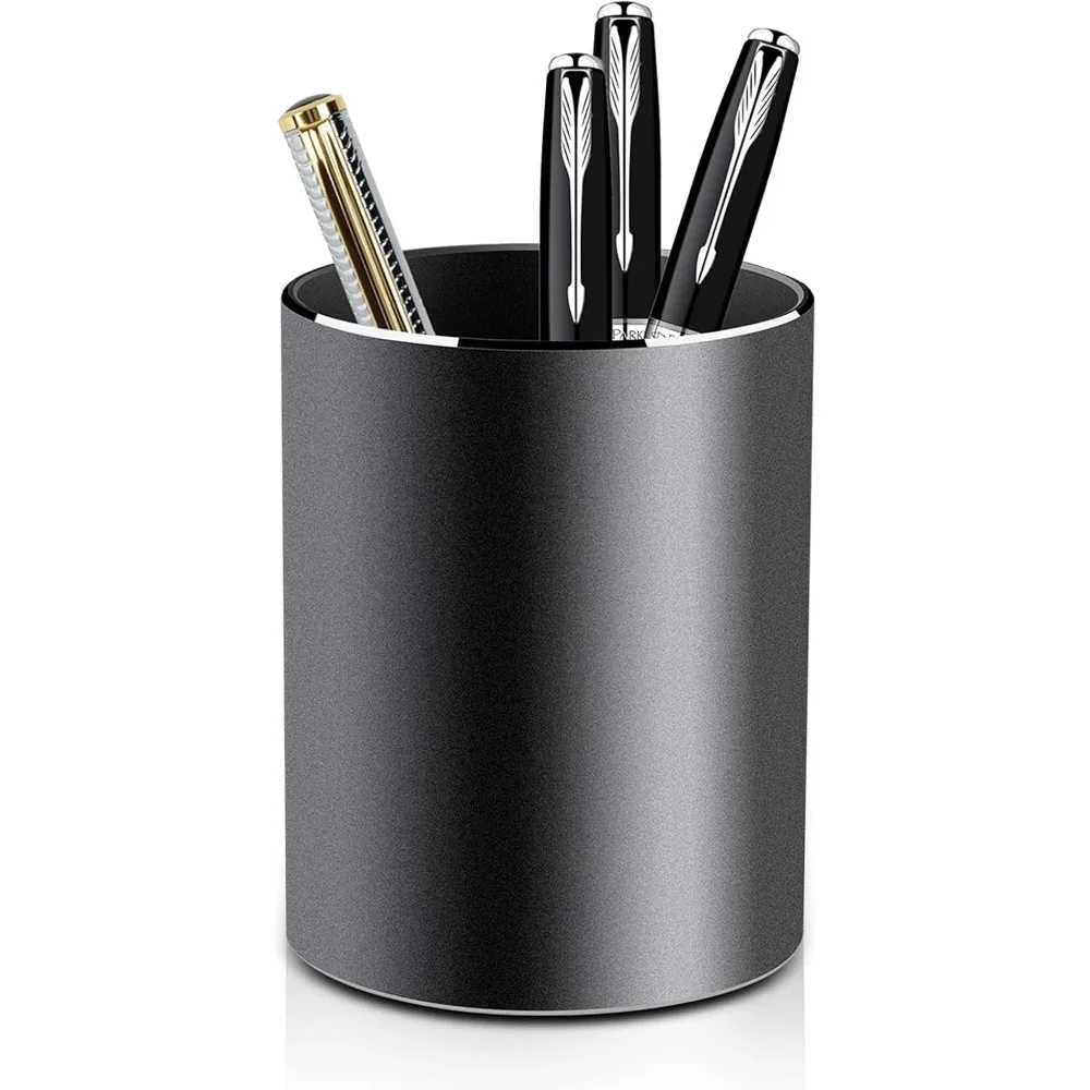 Metal Pen Holder Aluminum Pencil Holder for desk, Round Desktop Organizer and Black Pencil Cup for Office, School,