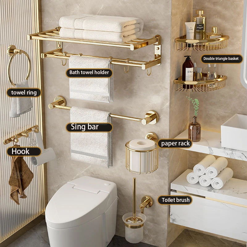 Europe Pure Copper Wire-drawing Gold Pvd 8 Pieces Punch-free Brush Brass Folding Toilet Storage Rack Hardware Accessories Set