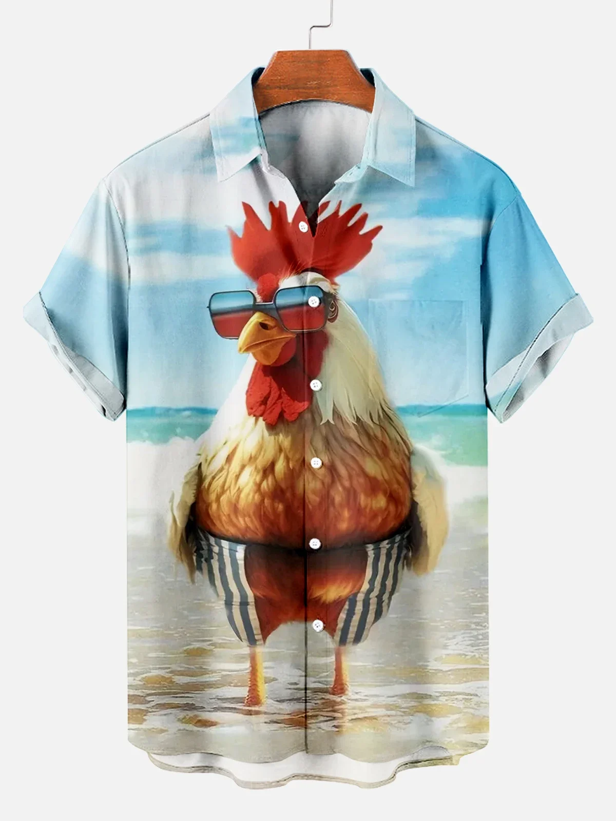 2024 Funny Rooster Beach Hawaii Casual 3D Print Turndown Collar Shirt casual  Short Sleeve Shirt Summer loose Shirts For Boys