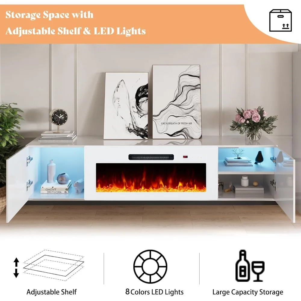 

Floating Fireplace TV Stand, Wall Mounted Mirrored Entertainment Center with 40 Electric Fireplace, Modern LED Lights