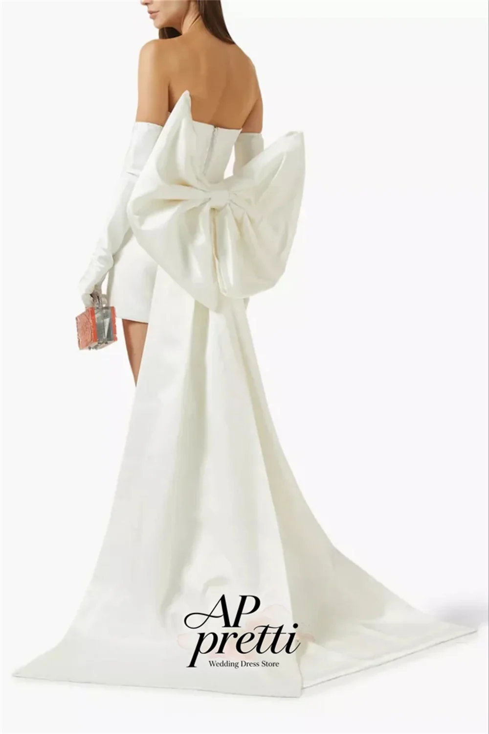 AP pretti Customized Chic Strapless Back Large Bow Train Wedding Dresses For Woman Satin Mini Bridal Gown Wedding Party Dress