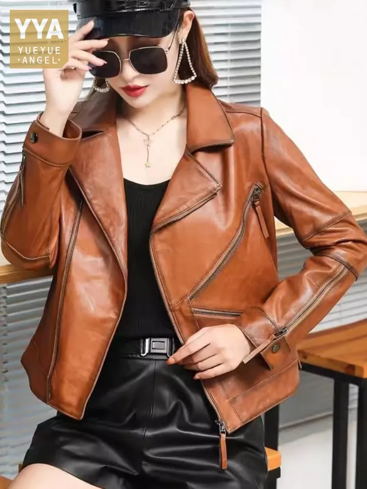 Autumn Women Genuine Leather Jacket Short Natural Sheepskin Coat Slim Fit Office Ladies Work Coat Vintage Zip Moto Biker Jacket