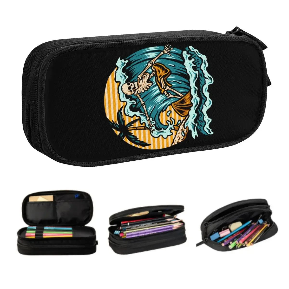 Summer Surfing Skull Customized Kawaii Pencil Cases Girl Boy Big Capacity Surf Rider Pencil Bag Pouch Students Stationery