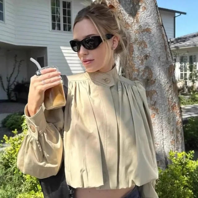 

Women's Casual Vacation Jacket Fall Winter Fashionable Commuter Pleated High-Neck Coat Elegant Long-Sleeve Twill Outwear