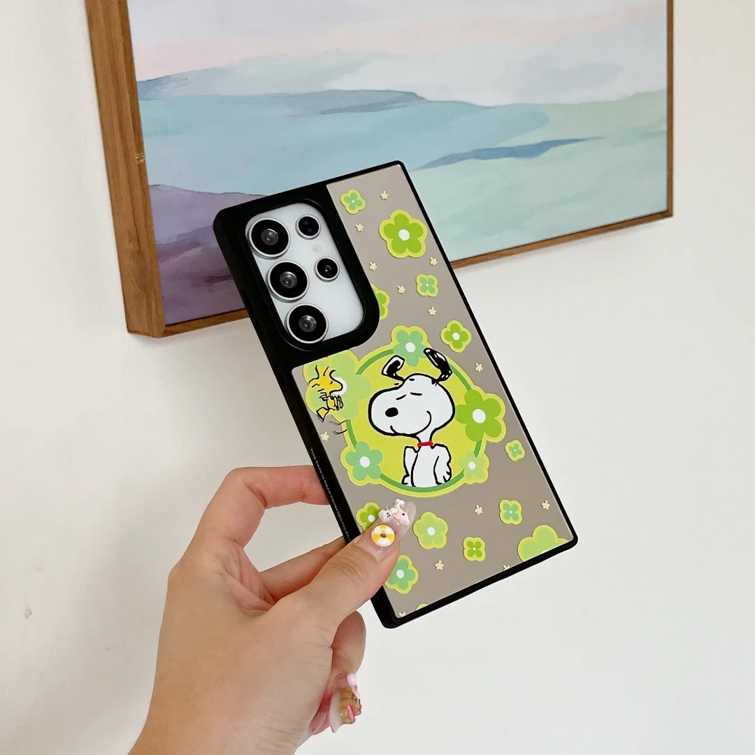Luxo dos desenhos animados anime snoopy espelho caso de telefone para samsung galaxy s22 ultra s24 s25 s23 plus à prova de choque pára-choques capa traseira