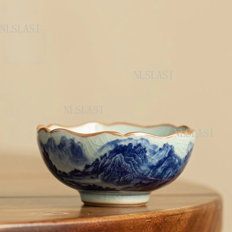 1pc Blue and White Porcelain Landscape Teacup Crackle Glaze Flower‑Mouth Ceramic Master Cup Chinese Kung Fu Tea Drinking Cup