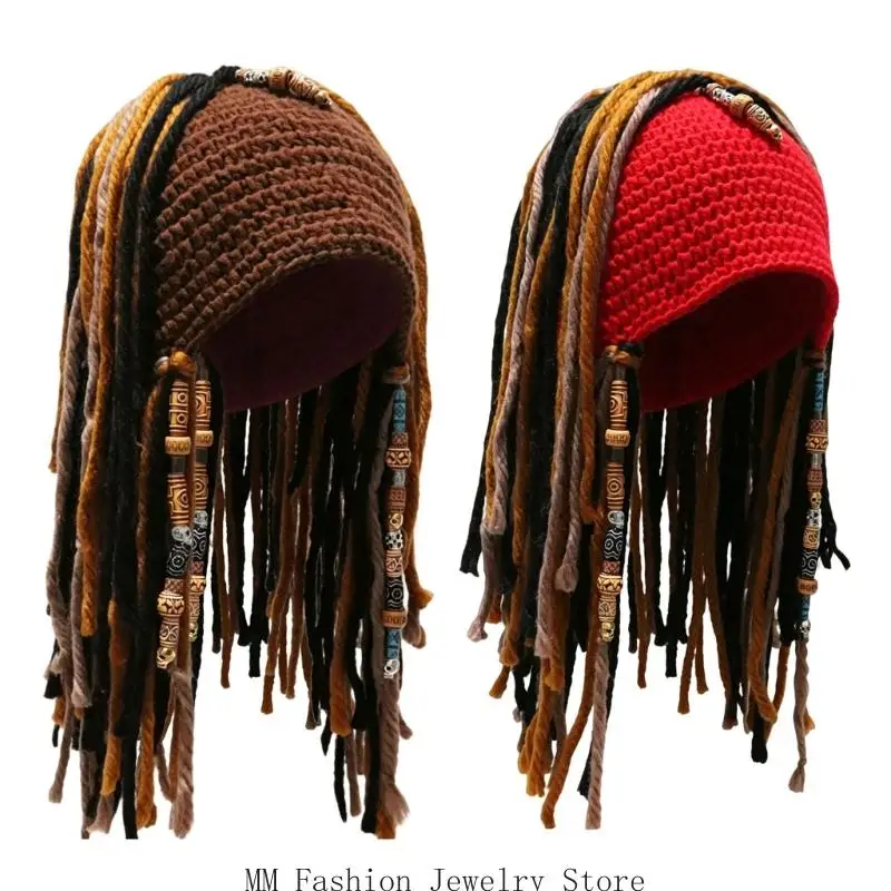 Knitted Halloween Pirate Hat with Fake Dreads and Bandana Pirate Role Play Hairpiece for Adults Kids Dressing Up Party D0UB