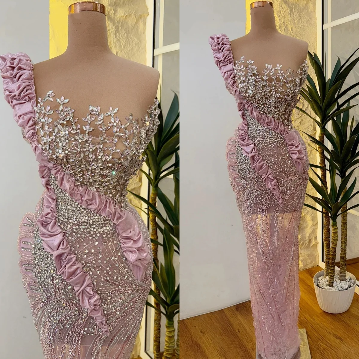Exquisite Kristall Abendkleider Strass Perlen Prom Kleid Eine Schulter Rüschen Meerjungfrau Party Kleider Vestidos De Noche