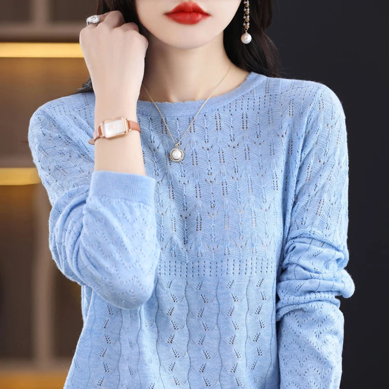 2023 New Cashmere Sweater Women\'s Sweater Women\'s Hollow Out Design O-Neck Pullover Casual Knitted Top Cashmere Women\'s Sweater