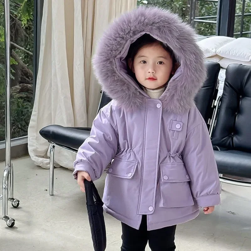 

2-8 Years Kids down Jacket 2024 Winter Girls Clothes Cotton down Parka Purple Hooded Coats Chidlren Thicken Fur Collar Outerwear