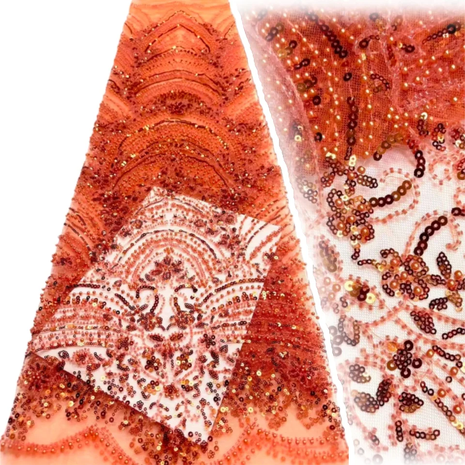 

Оранжевый французский тюль с блестками, кружевная ткань с вышивкой, 5 ярдов, роскошное африканское сетчатое кружево с бисером для женщин, праздничное платье 2012