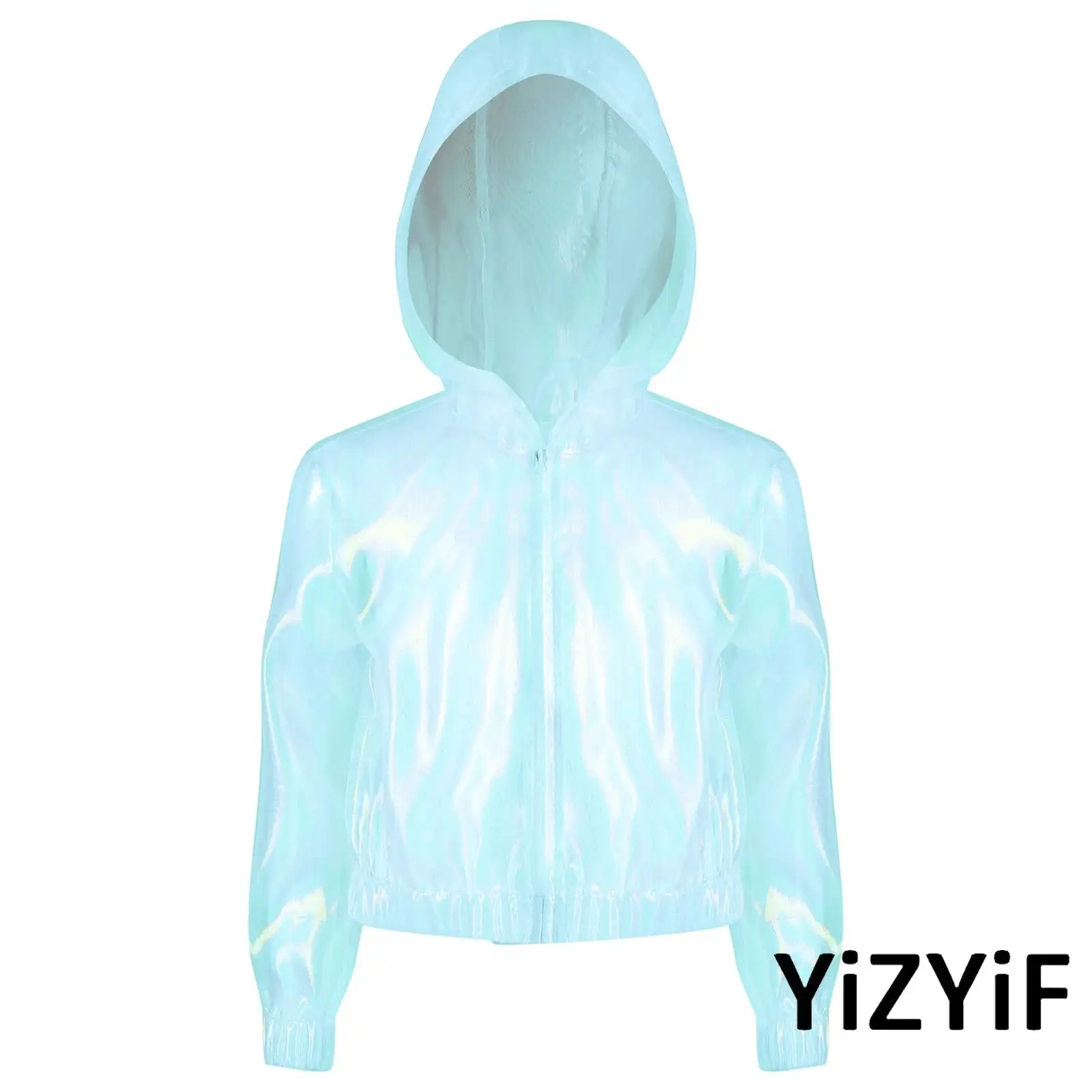 

Fashion Kids Girls Shimmery See-Through Jacket Long Sleeve Zipper Hooded Coat Sun Protective Clothing for Street Dance Wear