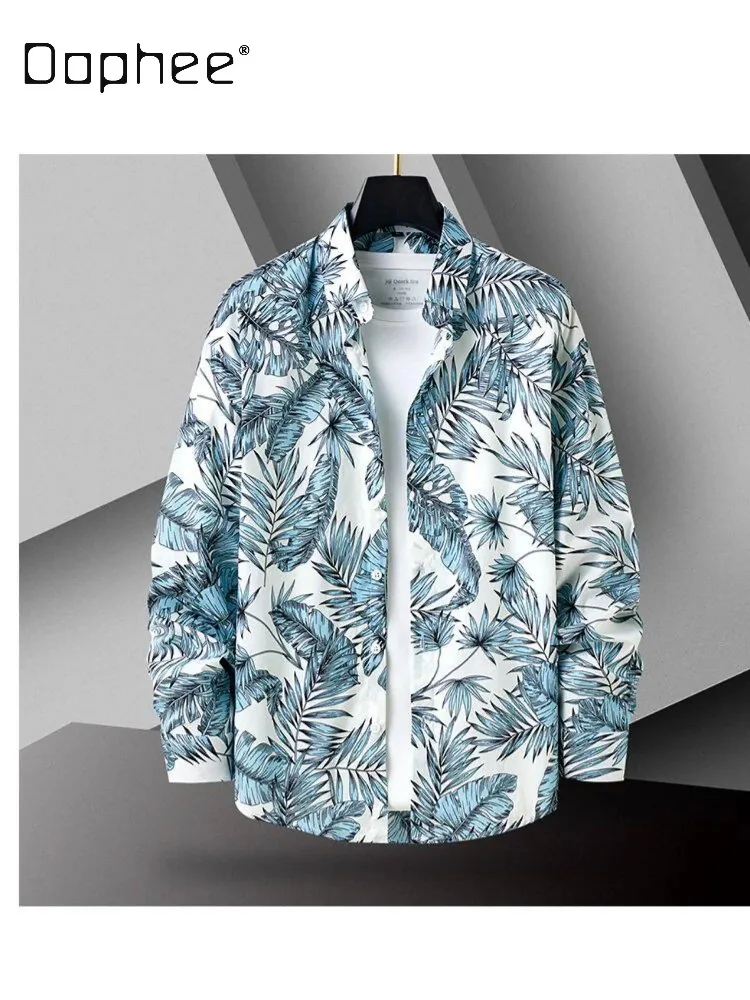 2026 Autumn Fashion Trendy Beach Vacation Men's Summer Tops Lapel Long Sleeve Retro Print Sun Protection Loose Casual Shirts