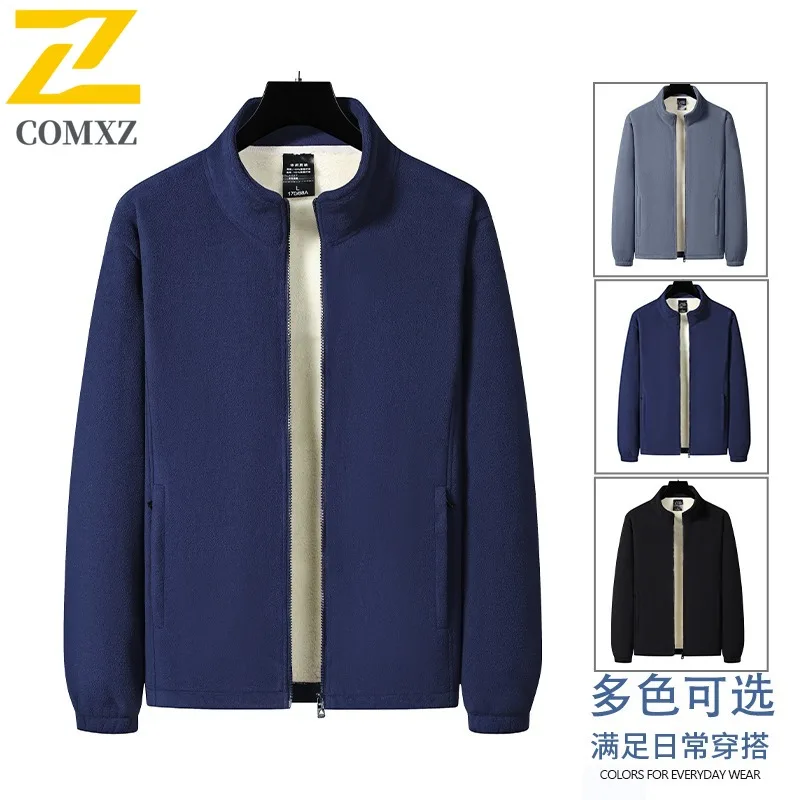COMXZ 2025 Mens Winter Fleece Lined Thick Polar Fleece Jacket Stand Collar Casual Sports Warm Outwear for Middle Aged Men