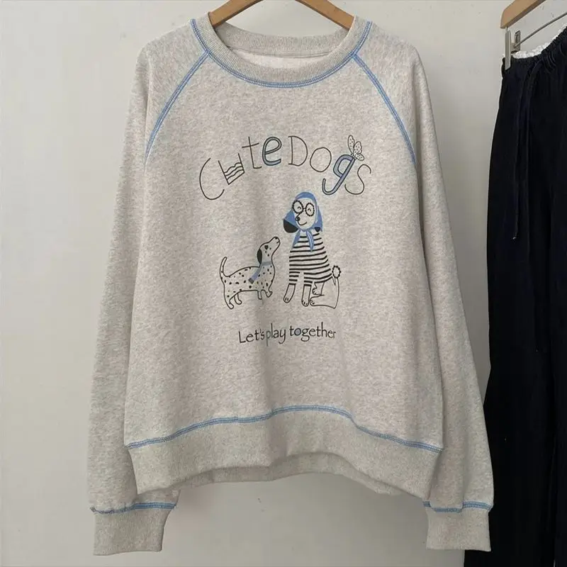 Coreano sle longo sve impresso moletom solto ajuste ex primavera outono faion emagrecimento versátil topo na moda streetwear