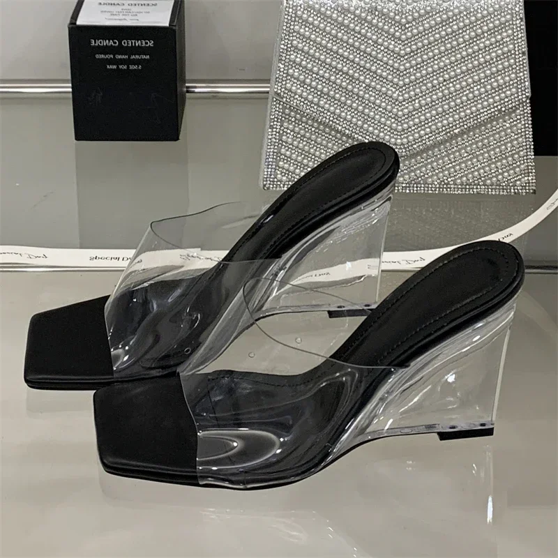 

Aneikeh High Heels Design Transparent PVC Slippers Hollow Out Heel Party Dress Ladies Elegant Sexy Heeled Sandals Slides