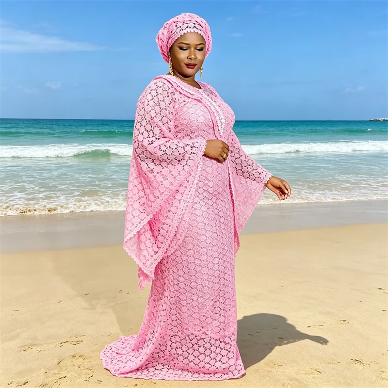 

Elegant Lace African Dresses for Woman Hollow Out Abaya Morocco Kaftan Ankara Dashiki Boubou Robe Vestidos African Clothing Gown