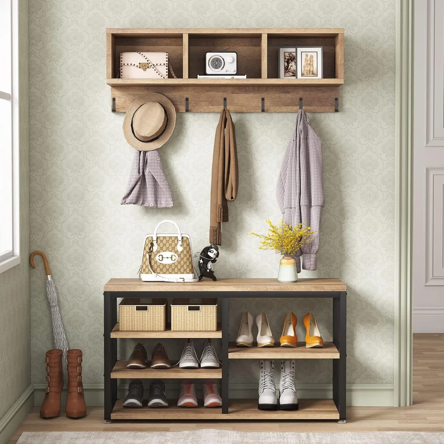 

Coat Rack Set, Hall Tree, Industrial Shoe Bench, 3 Storage Cubbies,