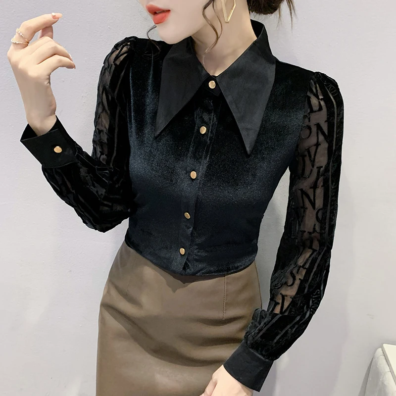 MadBlack Summer European Clothes camicie donna Sexy Turn Down Collar Button Slim Velour top camicetta elastica a maniche lunghe T38430JM