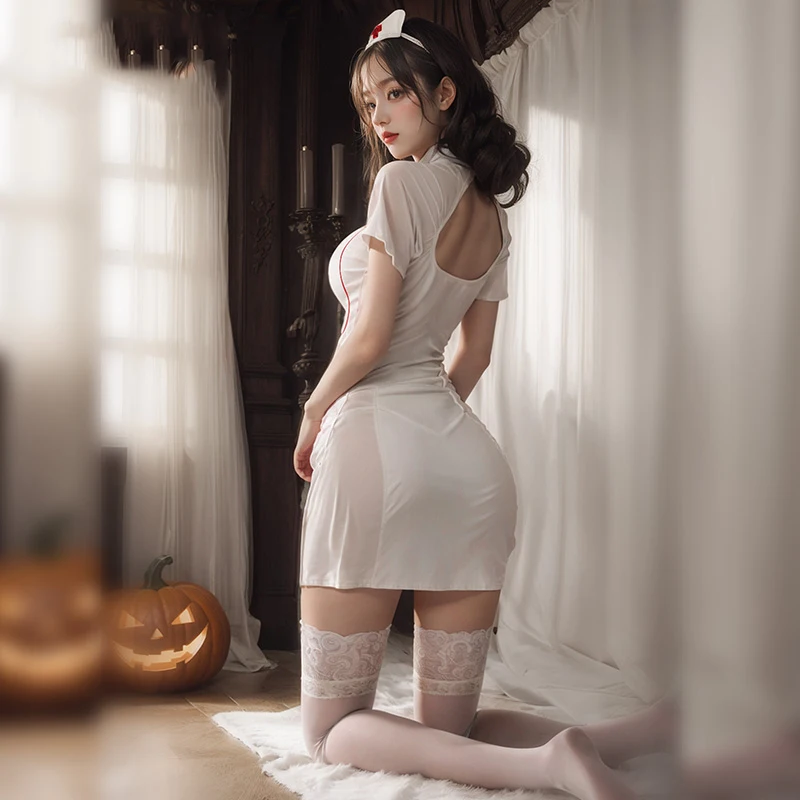 Sexy Lingerie Cosplay Nurse Uniform Set Halloween Women Vampire Doctor Dress Erotic Nurse Exotic Costume Hollow Out Sexy Dress