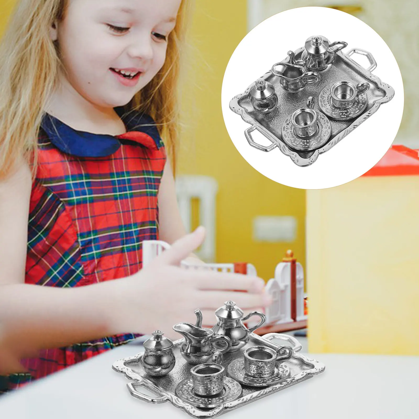 

1Set Miniature Tea Set Metal Mini House Tea Cup Teapot Tray Vintage Dollhouse Kitchen Decor Accessories for Realistic Tiny Home