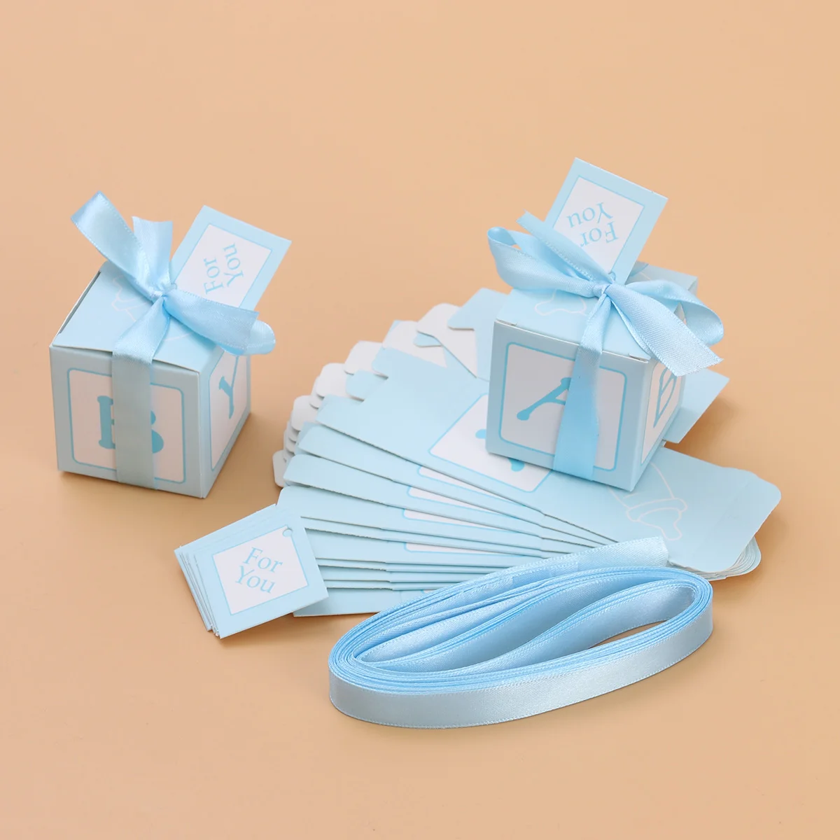 12pcs Wedding Baby Shower Candy Boxes Printed Boxes with Stitched Ribbon and Cards Decent Chocolate Treat Boxes(Blue)