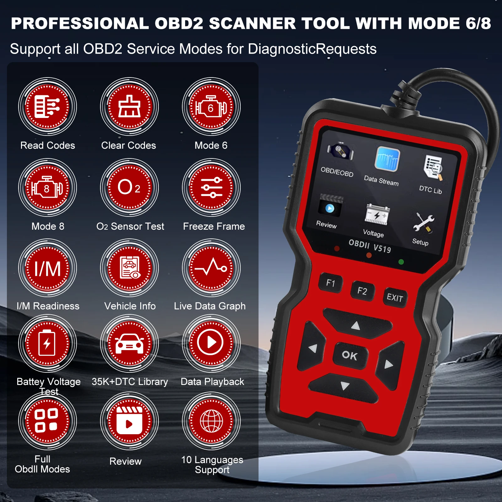 V519 RED Car Diagnostic Scanner Tool Automotive OBD2 Scanner for Engine Health Check with Color Screen 2026