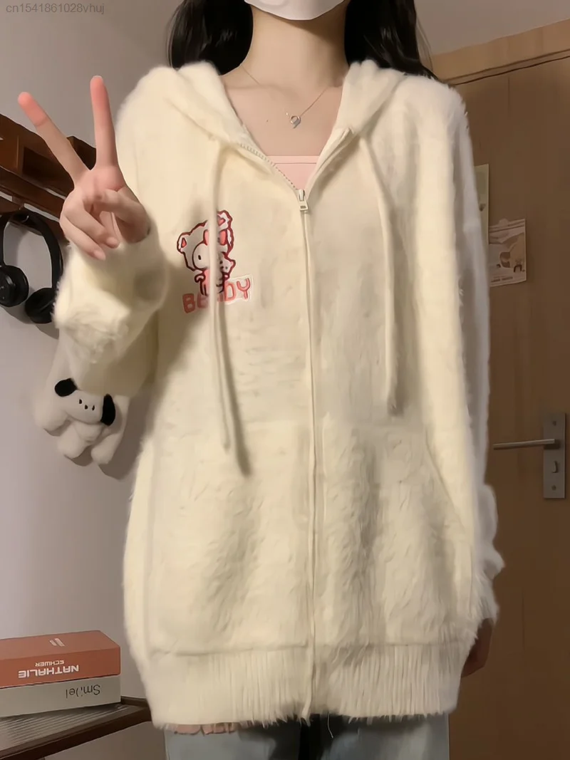 Sanrio Hello Kitty Zipper Knit Female Loose INS Fashion Campus Style Zip Up Sweater Kawaii Anime Plush Cardigan Knitwear Hoodie