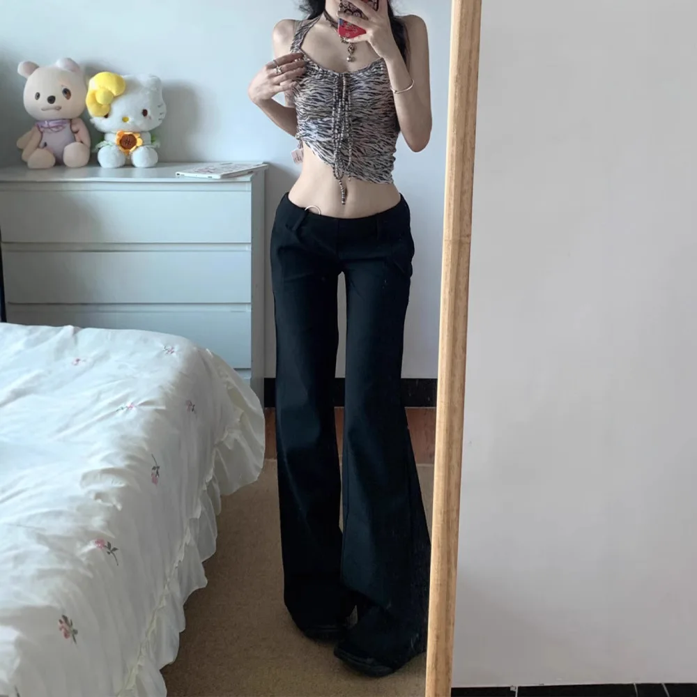 

2026 Women Black Low Waist Suit Pants Stylish Straight Flare Slim Floor Length Light Casual Trousers