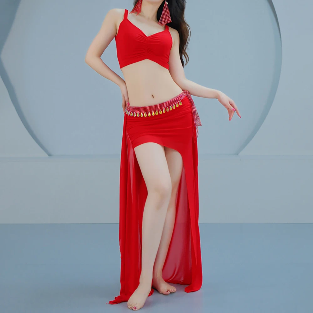 

Женский комплект костюмов для танца на животе: сексуальный топ без рукавов и длинная юбка с разрезом, 2 предмета, для восточных танцев, сценических выступлений, костюм для выступлений