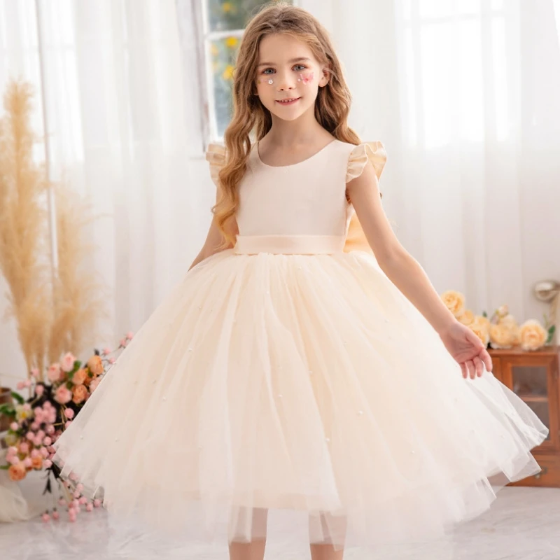 

Flower Girl Dresses Light Champagne Tulle Pearls With Bow Short Sleeve For Wedding Princess Banquet Holy Communion Gowns