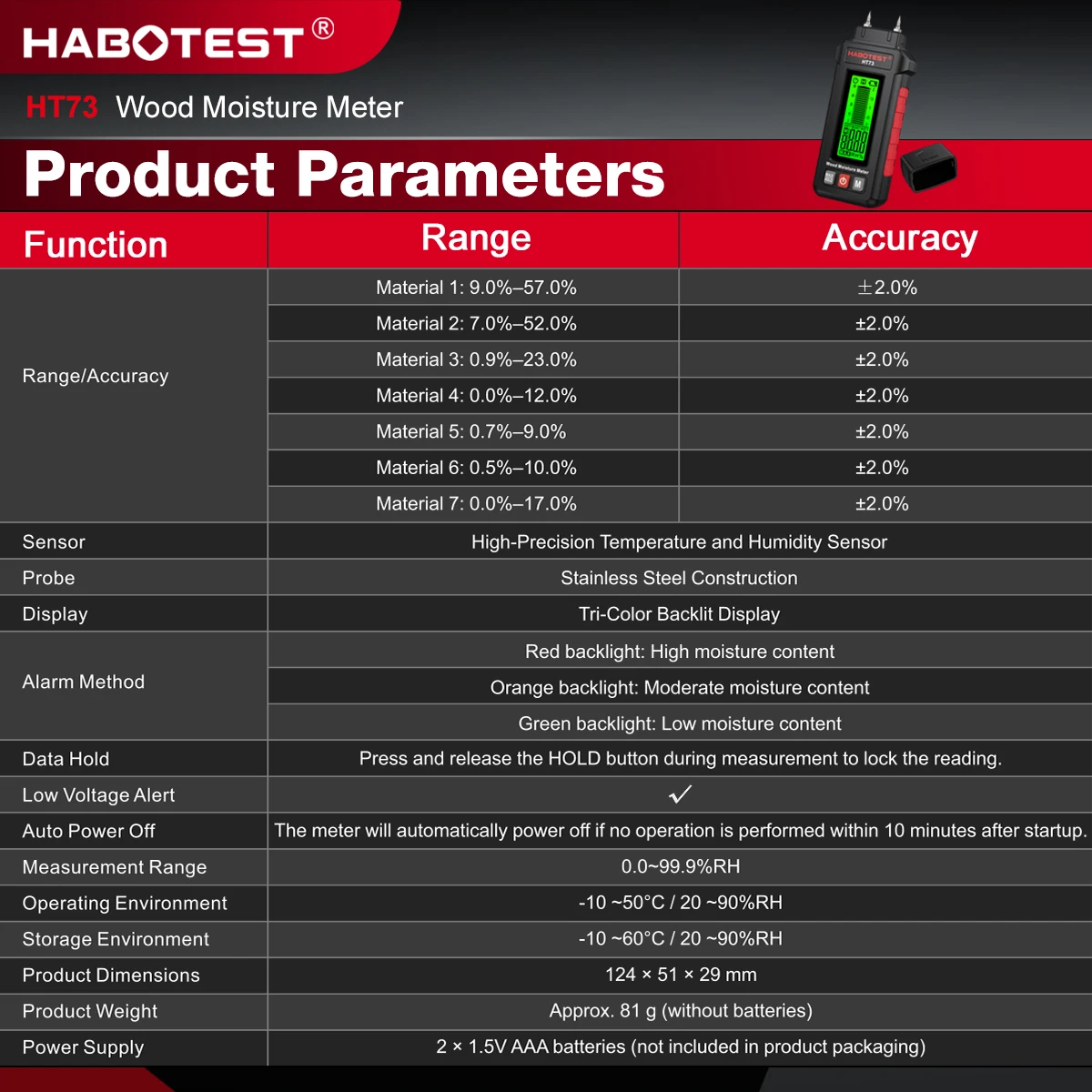 HT73 المهنية الرقمية الخشب مقياس الرطوبة 0-99.9% اختبار محتوى الرطوبة اثنين دبابيس الرقمية الرطوبة محلل الرطوبة