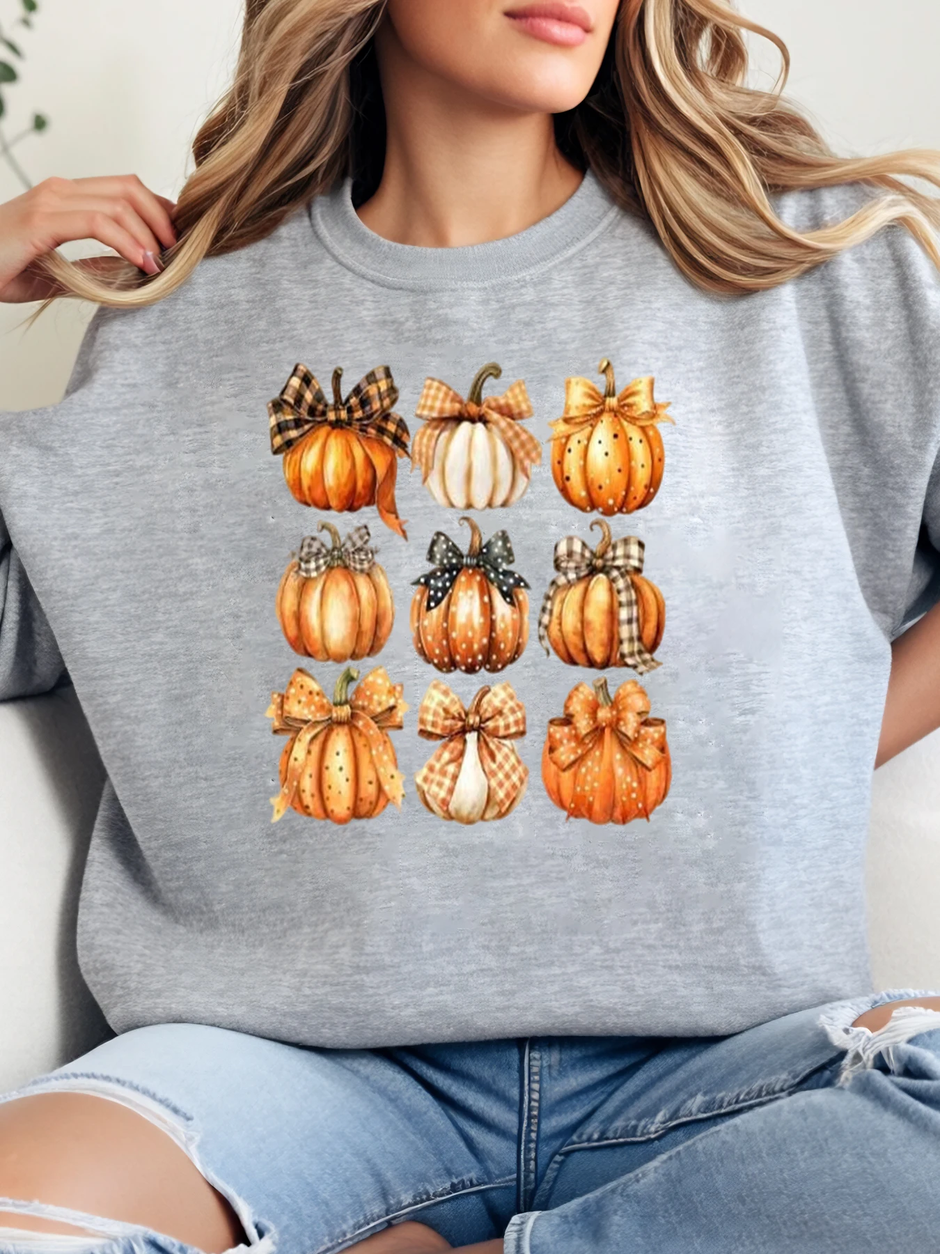 

Осенний фестиваль с круглым вырезом и принтом тыквенного банта, женский повседневный осенний наряд, серый, большие размеры