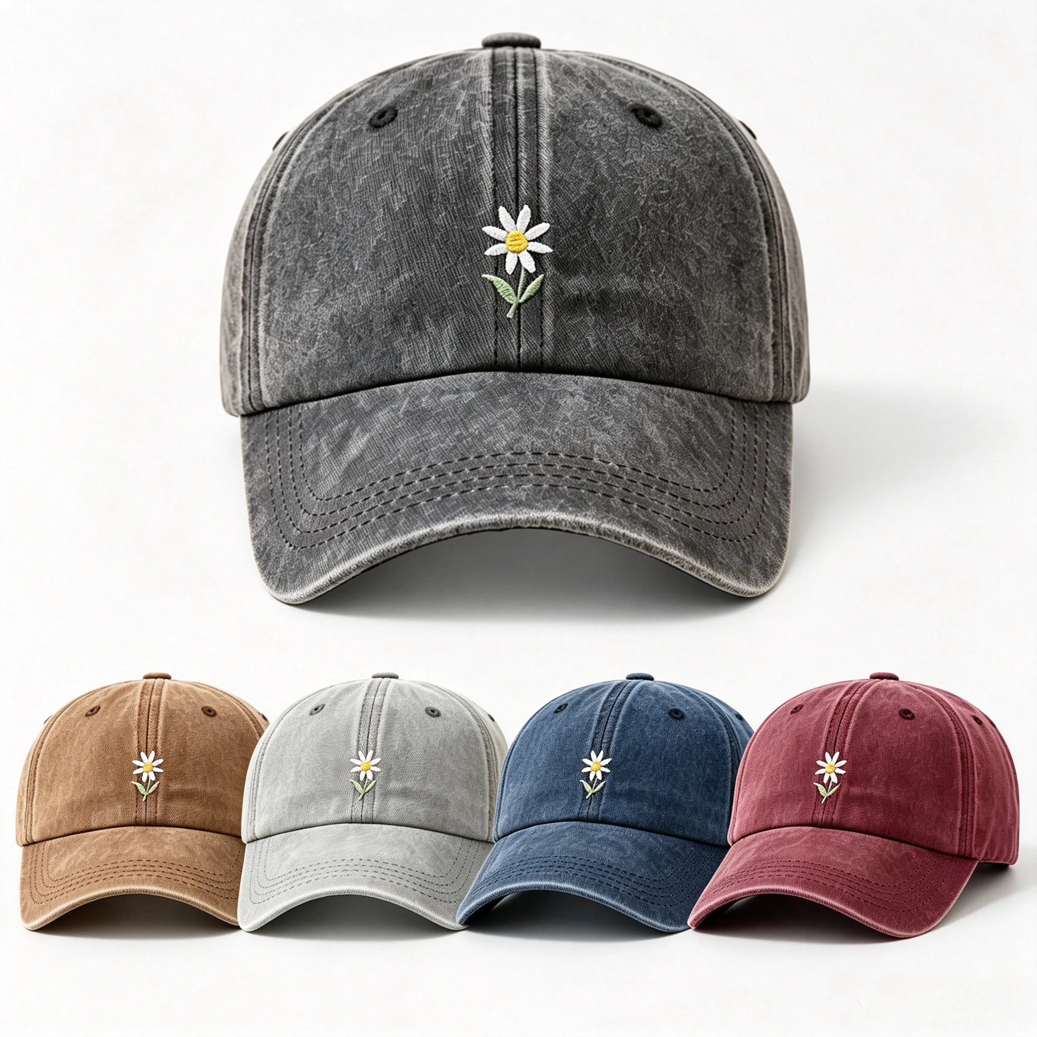 Vintage Washed Cotton Baseball Cap Daisy Flower Embroidery Hat Adjustable Curved Brim Casual Sun Hat Outdoor Streetwear Gorra