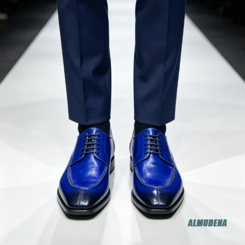

Bright Blue Gradient Polished Faux Leather Square Toe Lace-Up Men's Oxford Shoes Urban Formal Party Wedding Dress Shoes