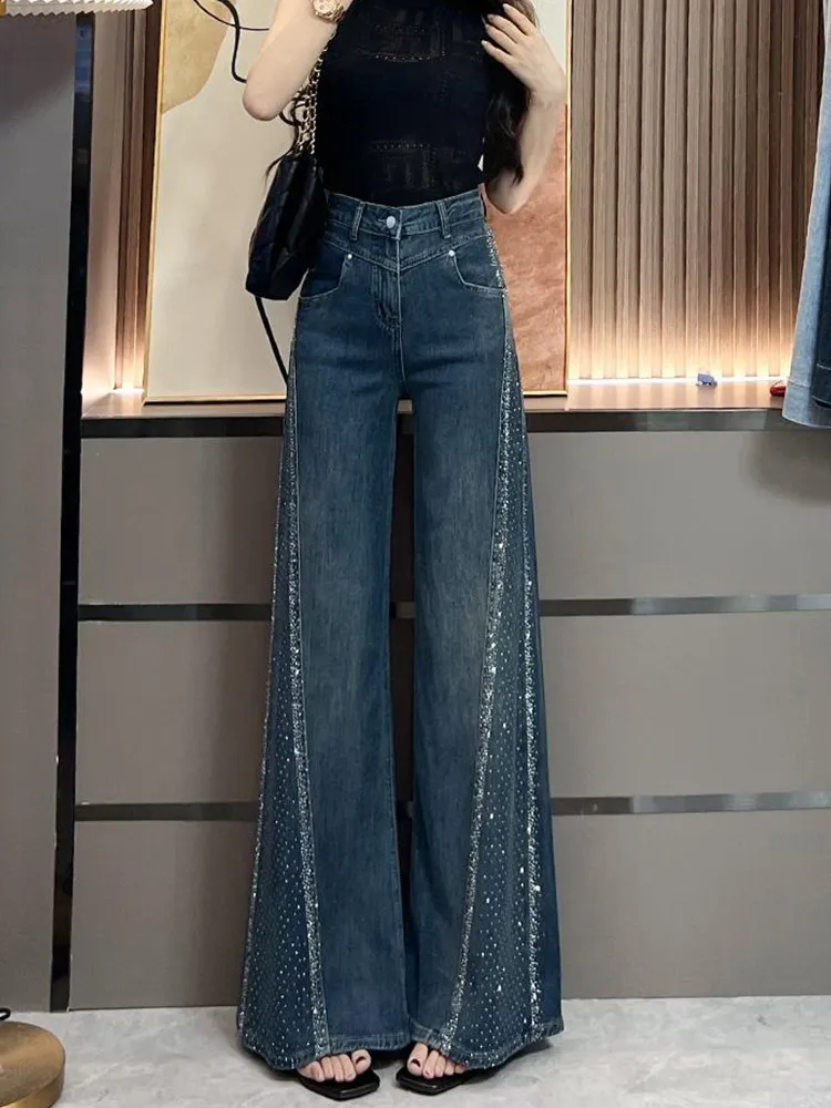 Women High Waist Rhinestone Side Striped Wide Leg Jeans Chic Loose Flared Denim Pants Sparkly Y2K Casual Trousers Street Spring