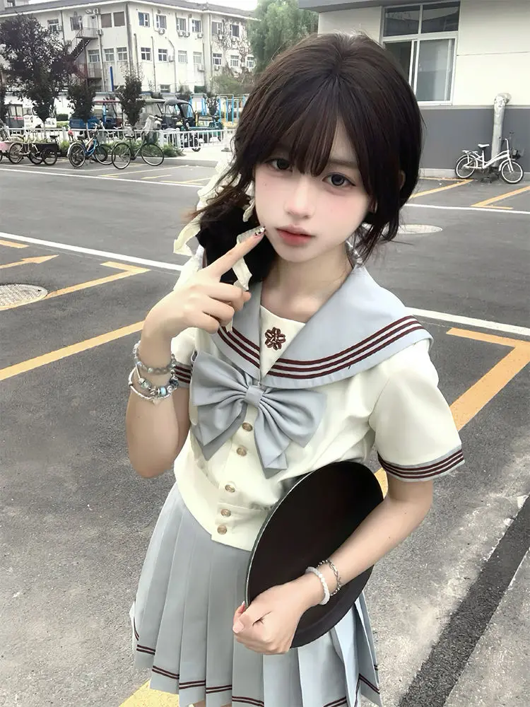 

Новинка 2023 года, японская корейская униформа, комплект из 2 предметов, женская зеленая плиссированная юбка с матросским воротником, топы с короткими рукавами, милый кавайный летний наряд